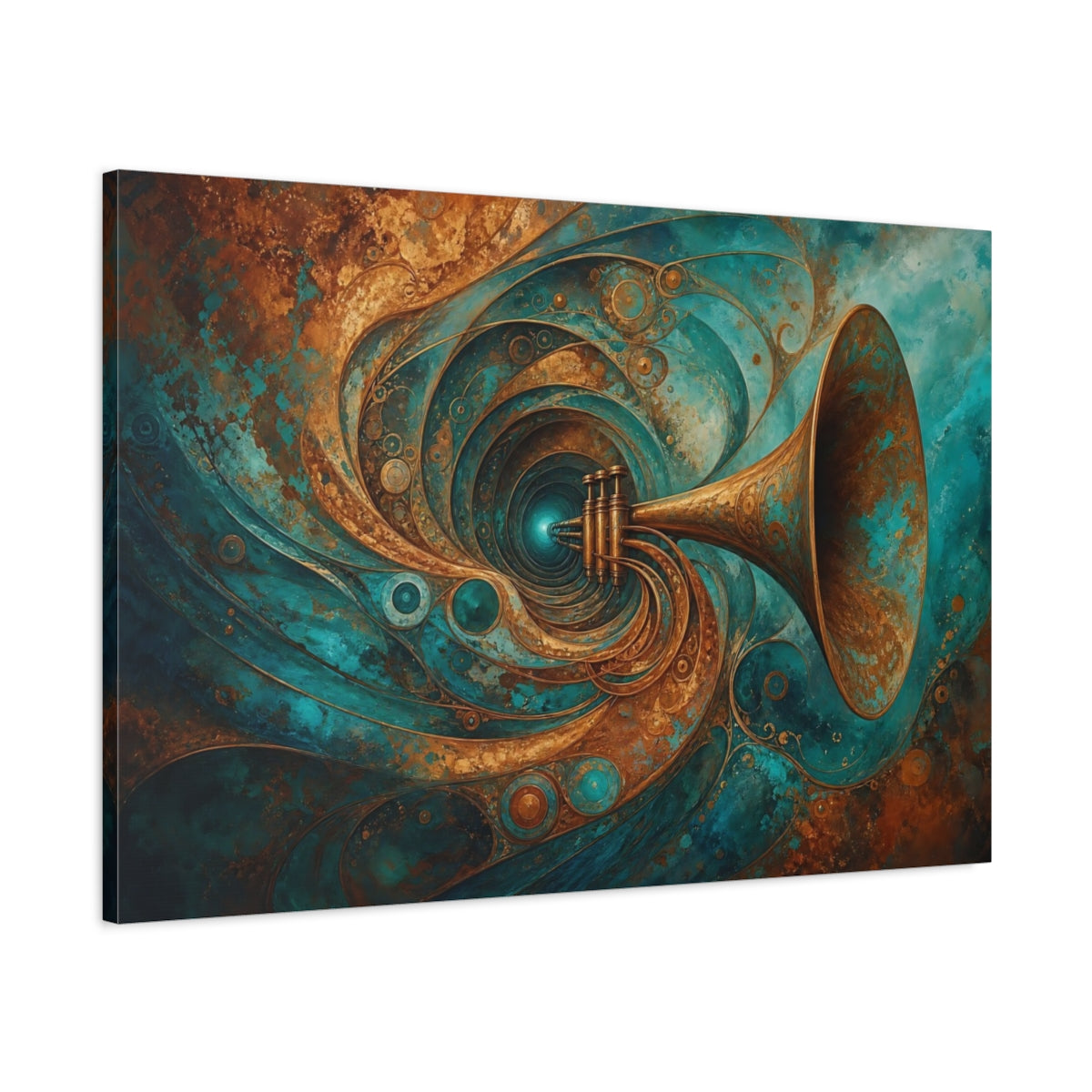 Main Mockup. Abstract Trumpet Teal Gold shown as stretched canvas wall art