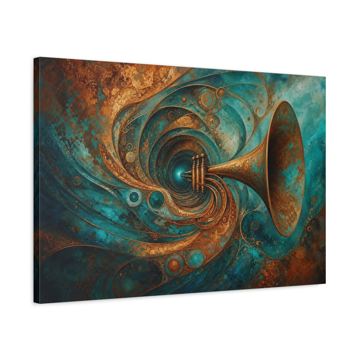 Side Mockup 2. Abstract Trumpet Teal Gold shown as stretched canvas wall art