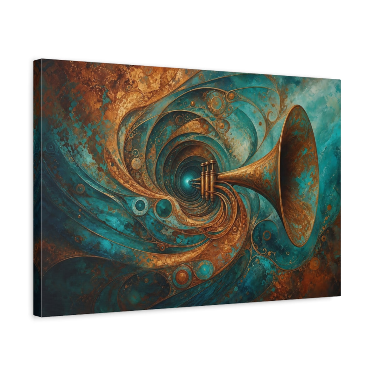 Side Mockup 3. Abstract Trumpet Teal Gold shown as stretched canvas wall art