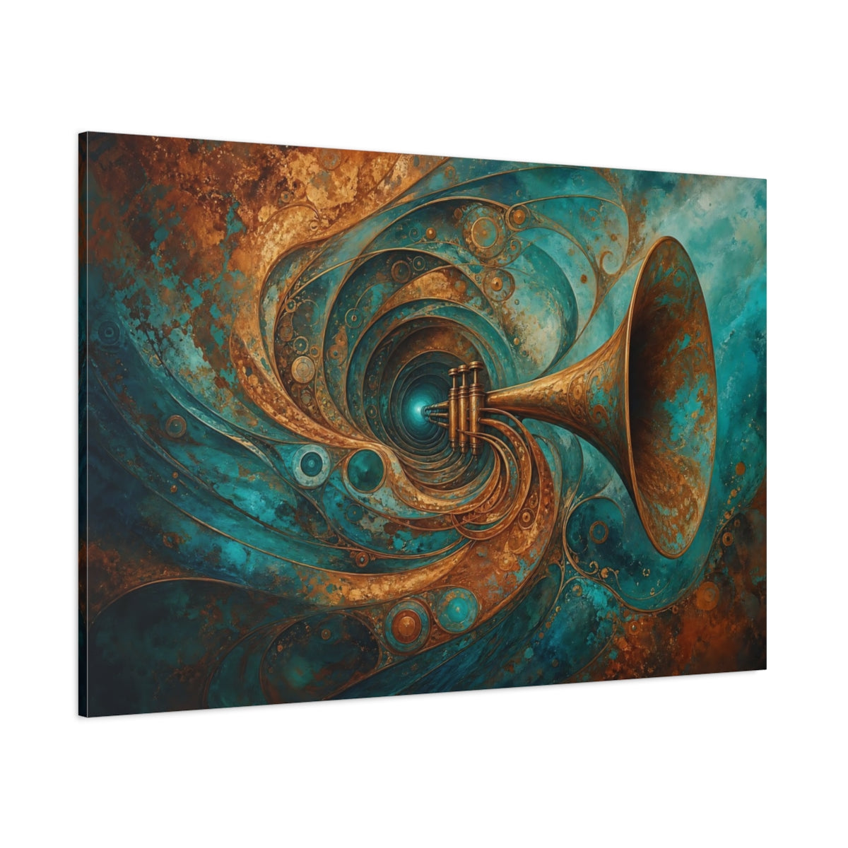 Side Mockup 1. Abstract Trumpet Teal Gold shown as stretched canvas wall art
