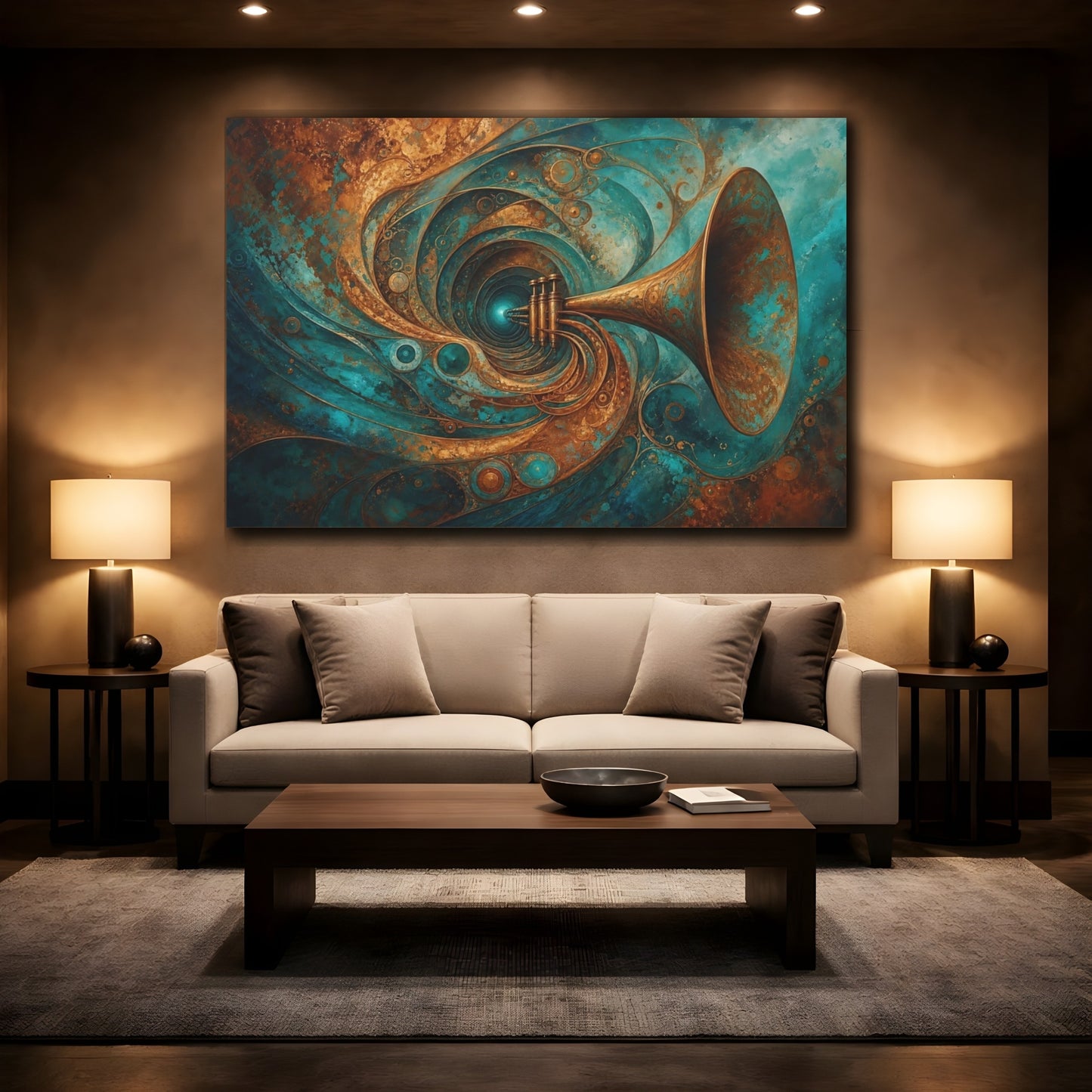 Mockup 2. Abstract Trumpet Teal Gold shown as stretched canvas wall art
