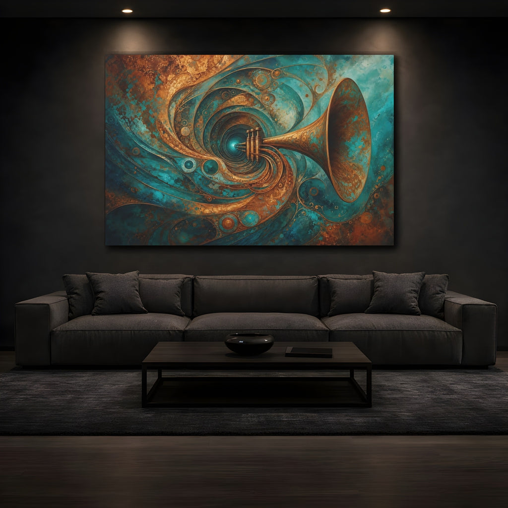 Mockup 3. Abstract Trumpet Teal Gold shown as stretched canvas wall art