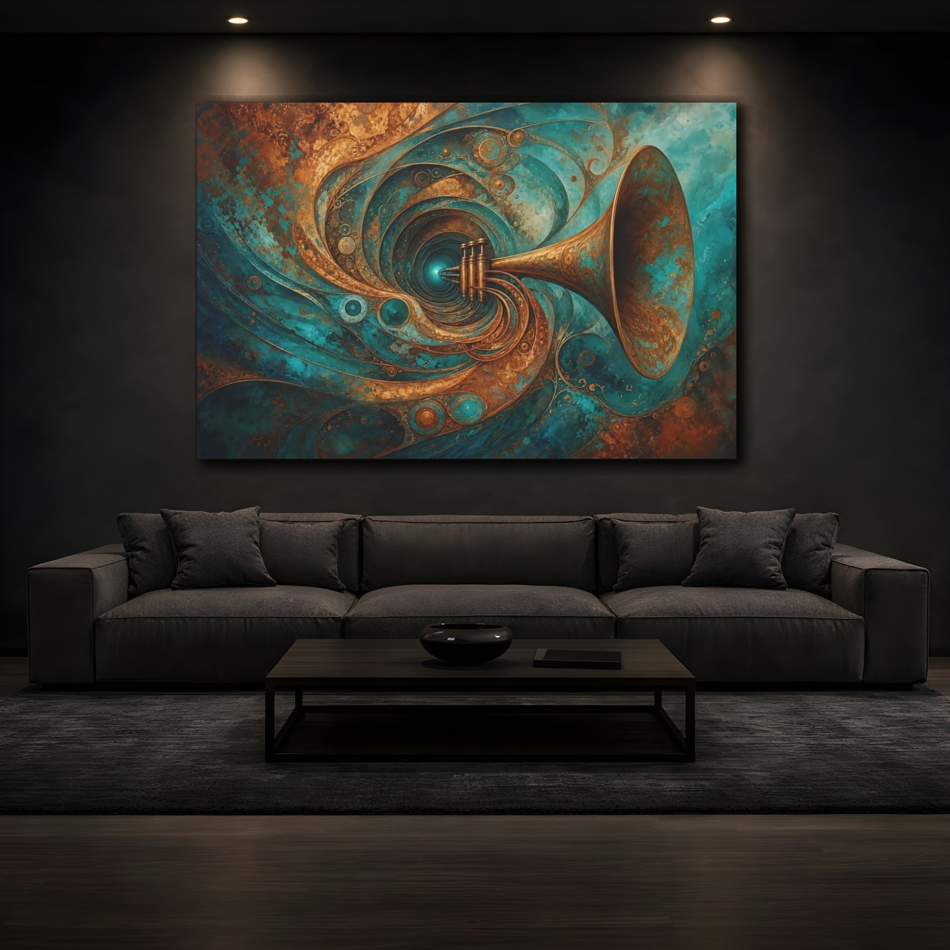 Mockup 3. Abstract Trumpet Teal Gold shown as stretched canvas wall art