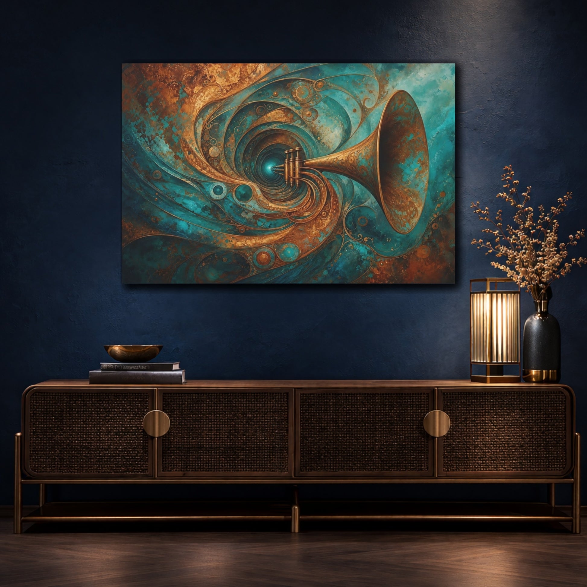 Mockup 4. Abstract Trumpet Teal Gold shown as stretched canvas wall art