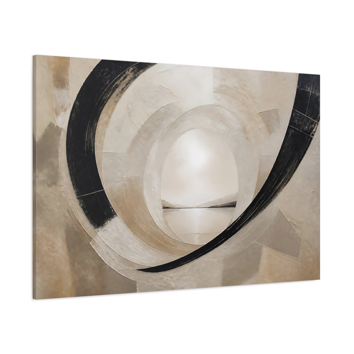 Side Mockup 1. Abstract Abstract Tunnel Black And Beige shown as stretched canvas wall art