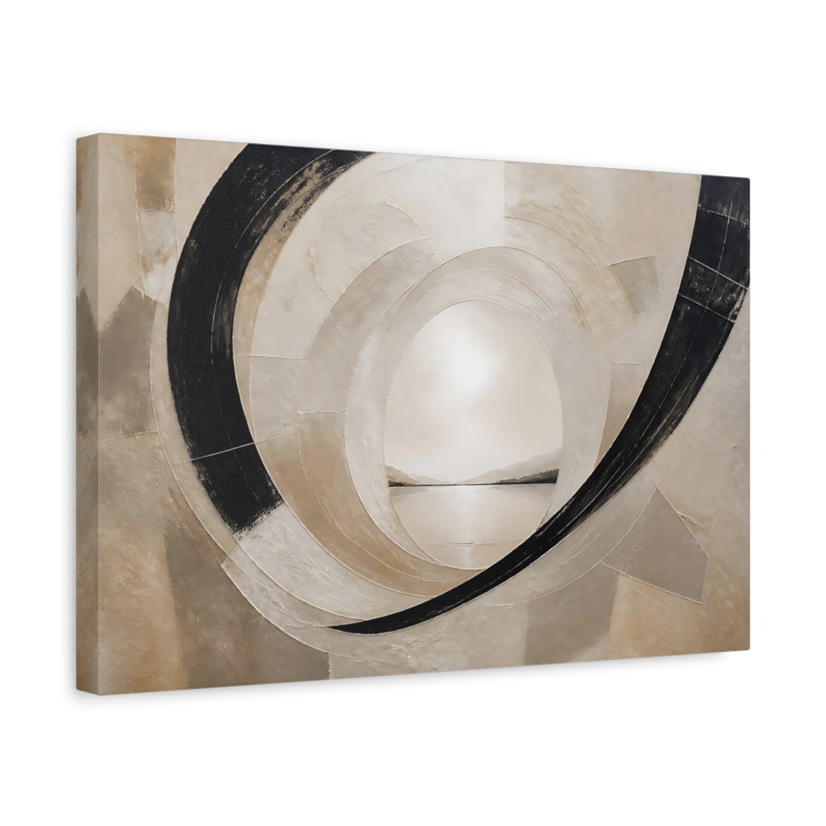Side Mockup 4. Abstract Abstract Tunnel Black And Beige shown as stretched canvas wall art