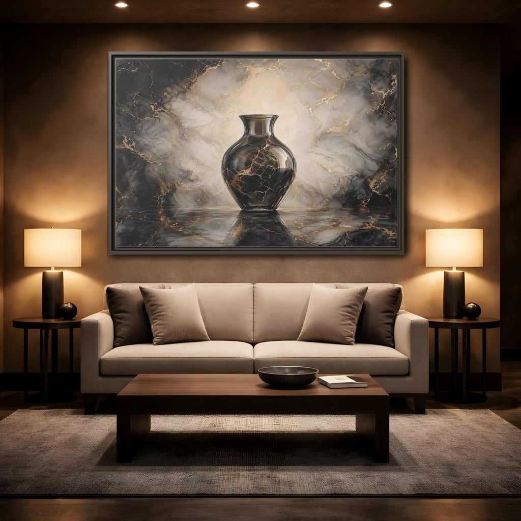Mockup 2. Abstract Vase Black Gold Marble shown as stretched canvas wall art