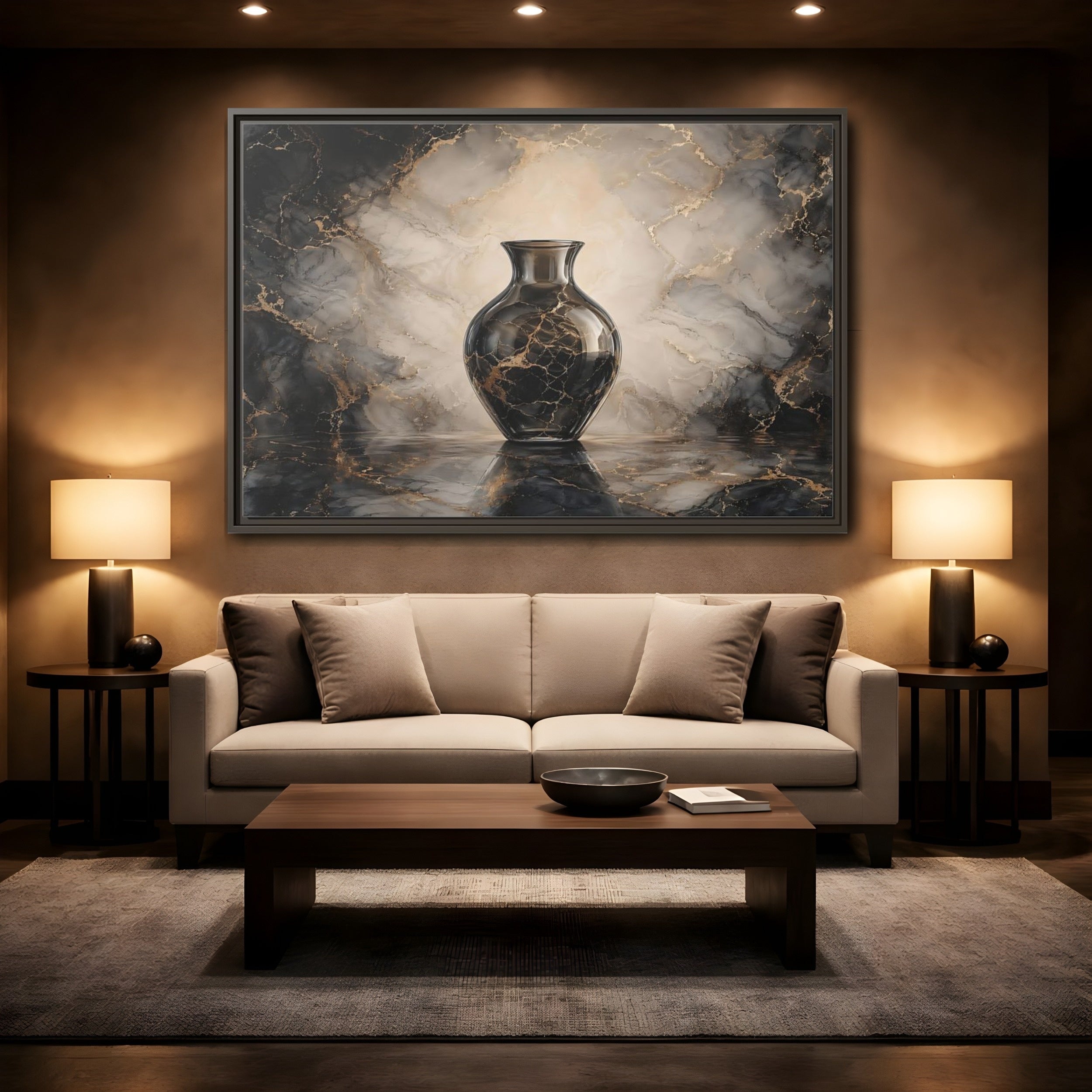 Mockup 2. Abstract Vase Black Gold Marble shown as stretched canvas wall art