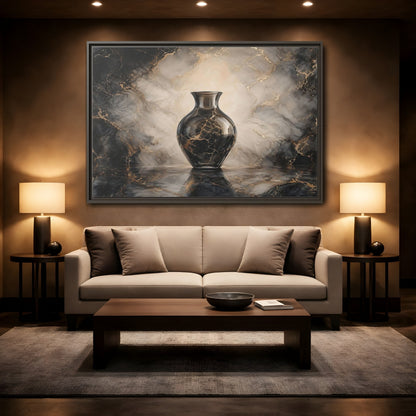 Mockup 2. Abstract Vase Black Gold Marble shown as stretched canvas wall art