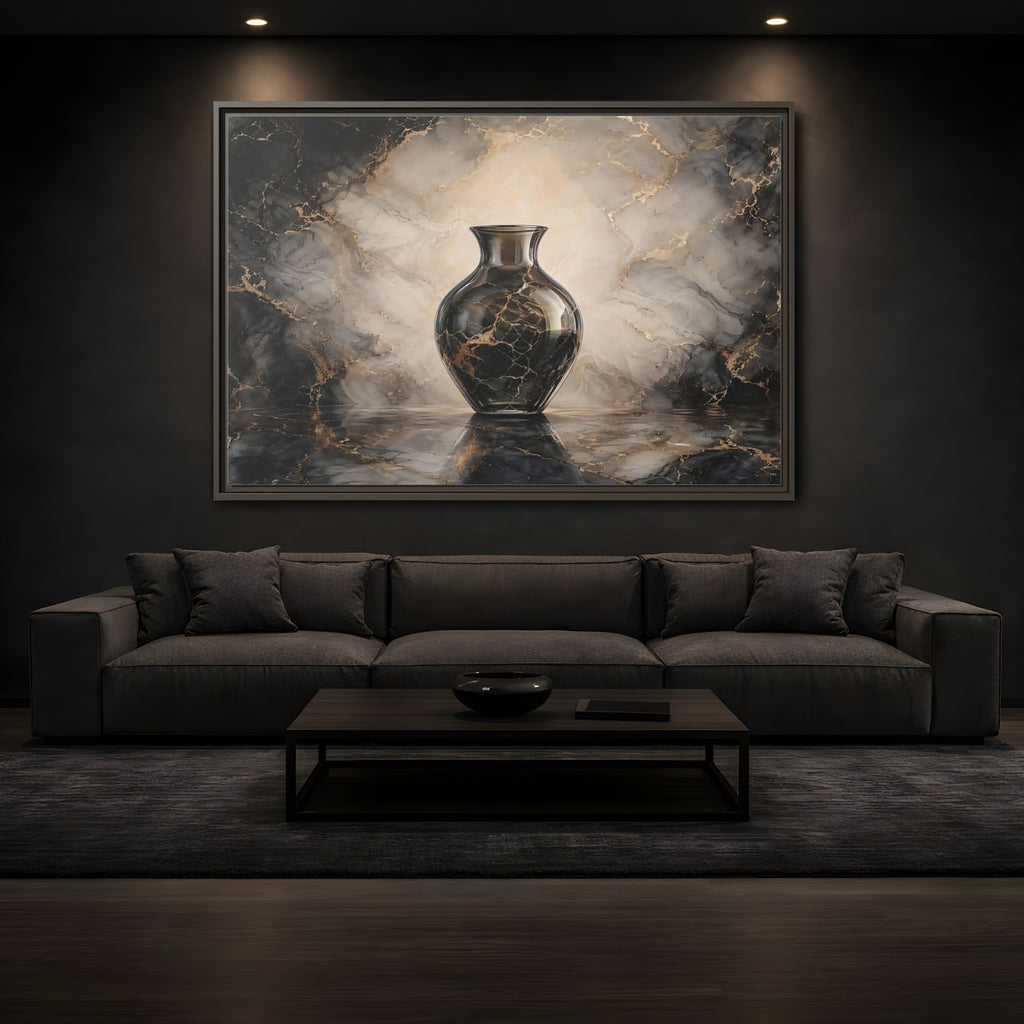Mockup 3. Abstract Vase Black Gold Marble shown as stretched canvas wall art