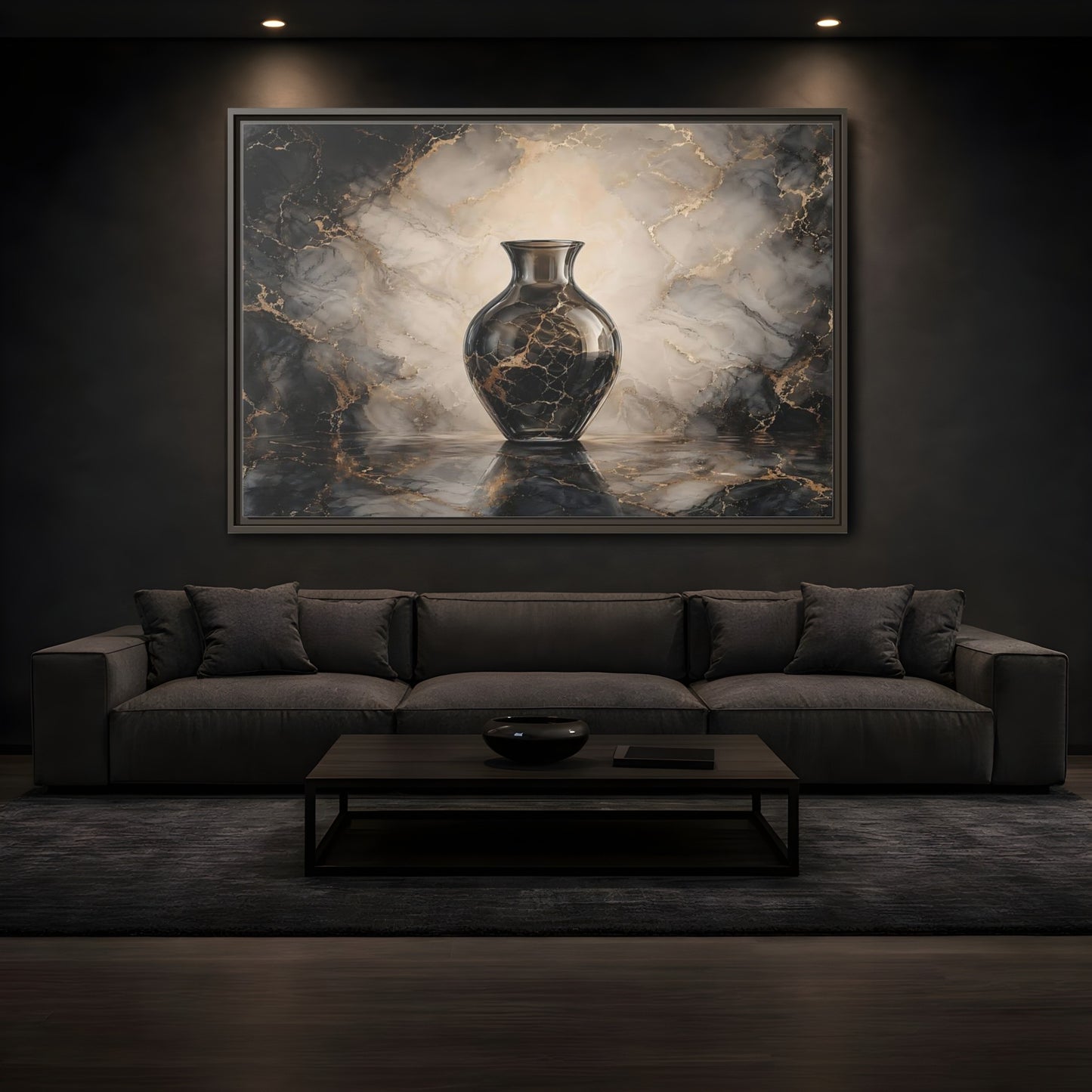 Mockup 3. Abstract Vase Black Gold Marble shown as stretched canvas wall art