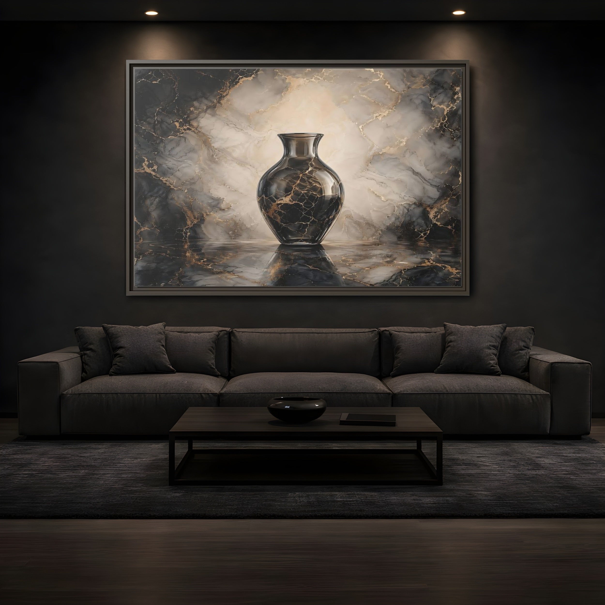 Mockup 3. Abstract Vase Black Gold Marble shown as stretched canvas wall art