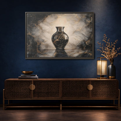 Mockup 4. Abstract Vase Black Gold Marble shown as stretched canvas wall art