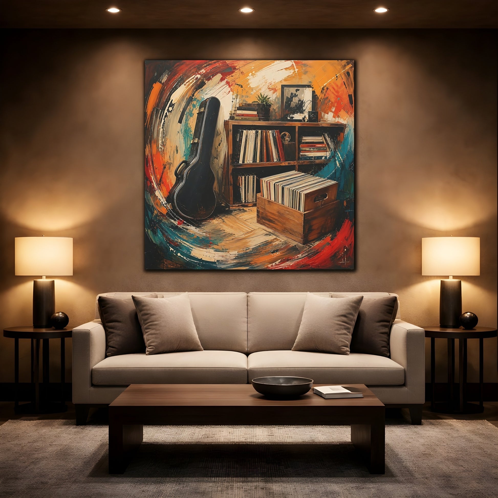 Mockup 2. Abstract Vinyl Records Vibrant Abstract shown as canvas print