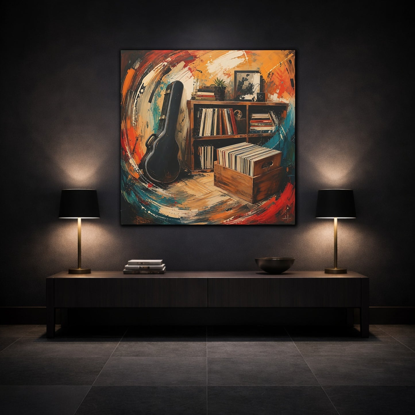 Mockup 3. Abstract Vinyl Records Vibrant Abstract shown as canvas print