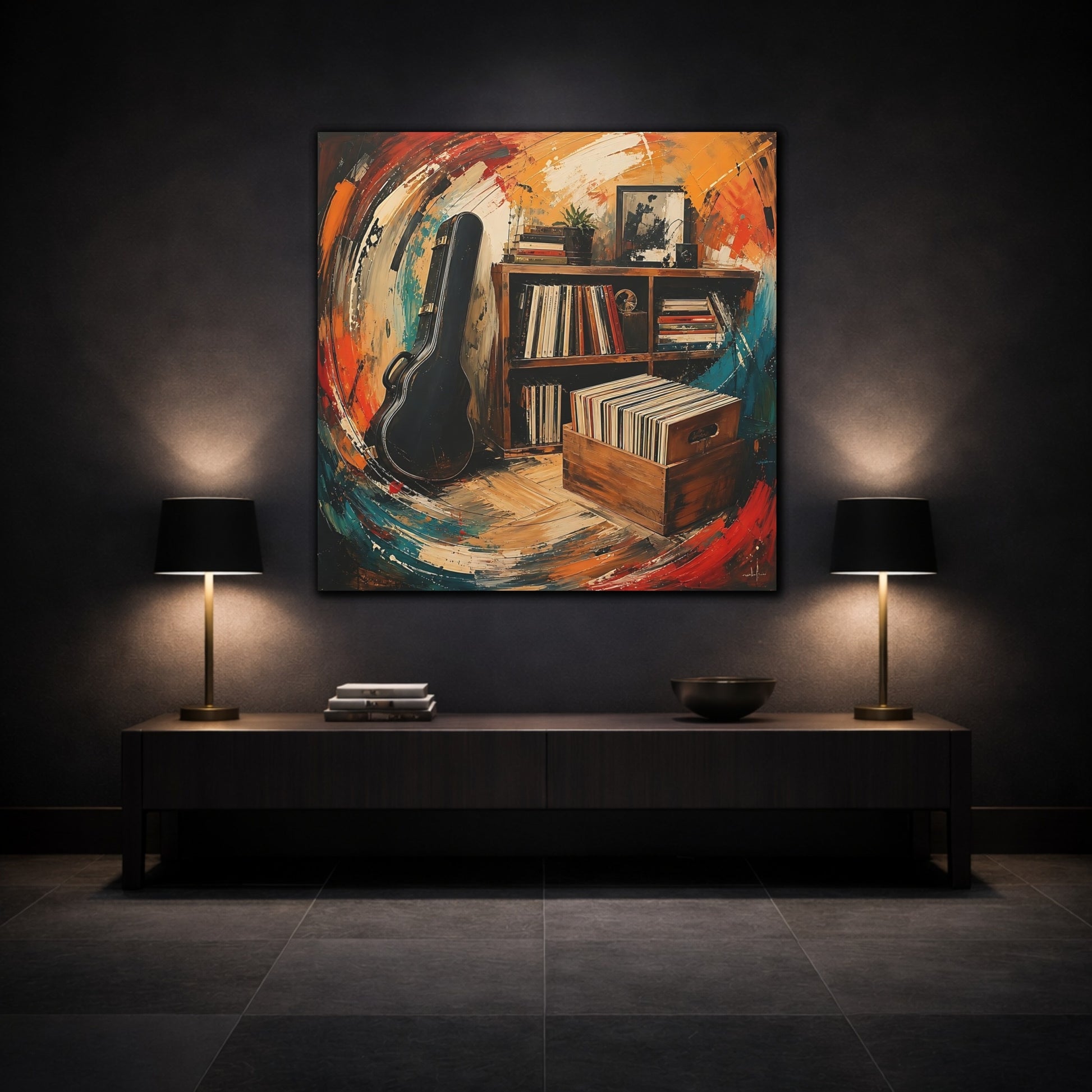 Mockup 3. Abstract Vinyl Records Vibrant Abstract shown as canvas print