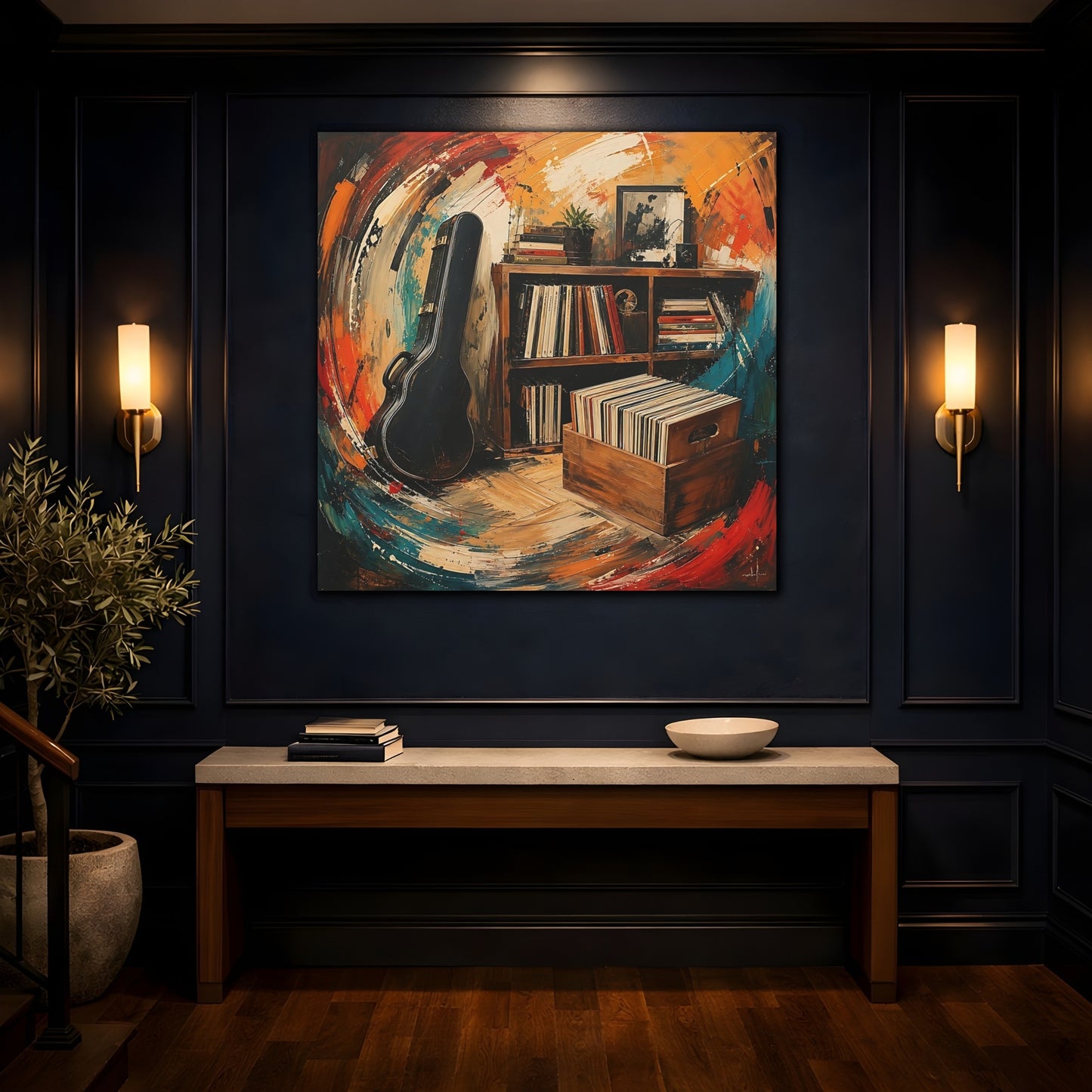 Mockup 4. Abstract Vinyl Records Vibrant Abstract shown as canvas print