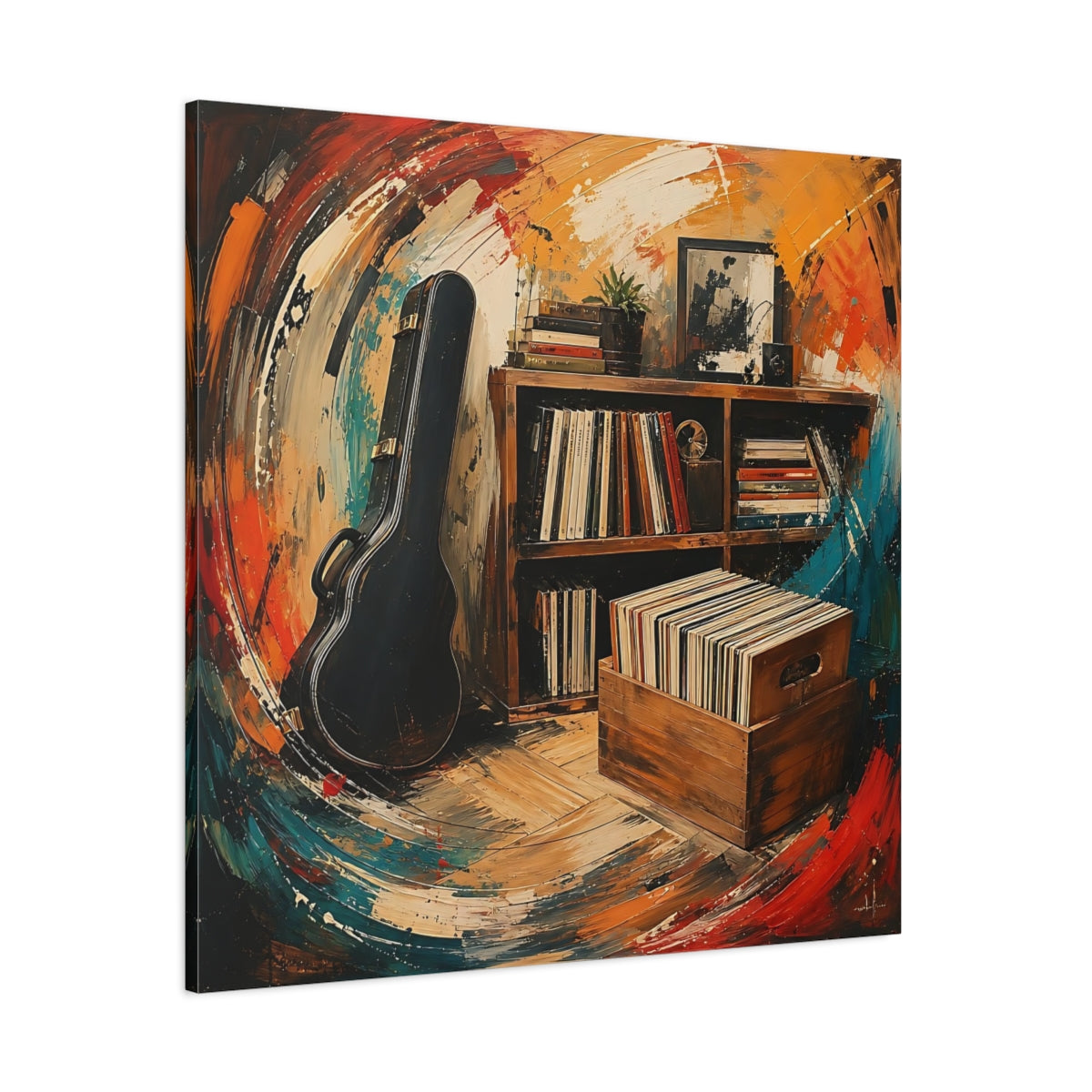 Side Mockup 1. Abstract Vinyl Records Vibrant Abstract shown as canvas print