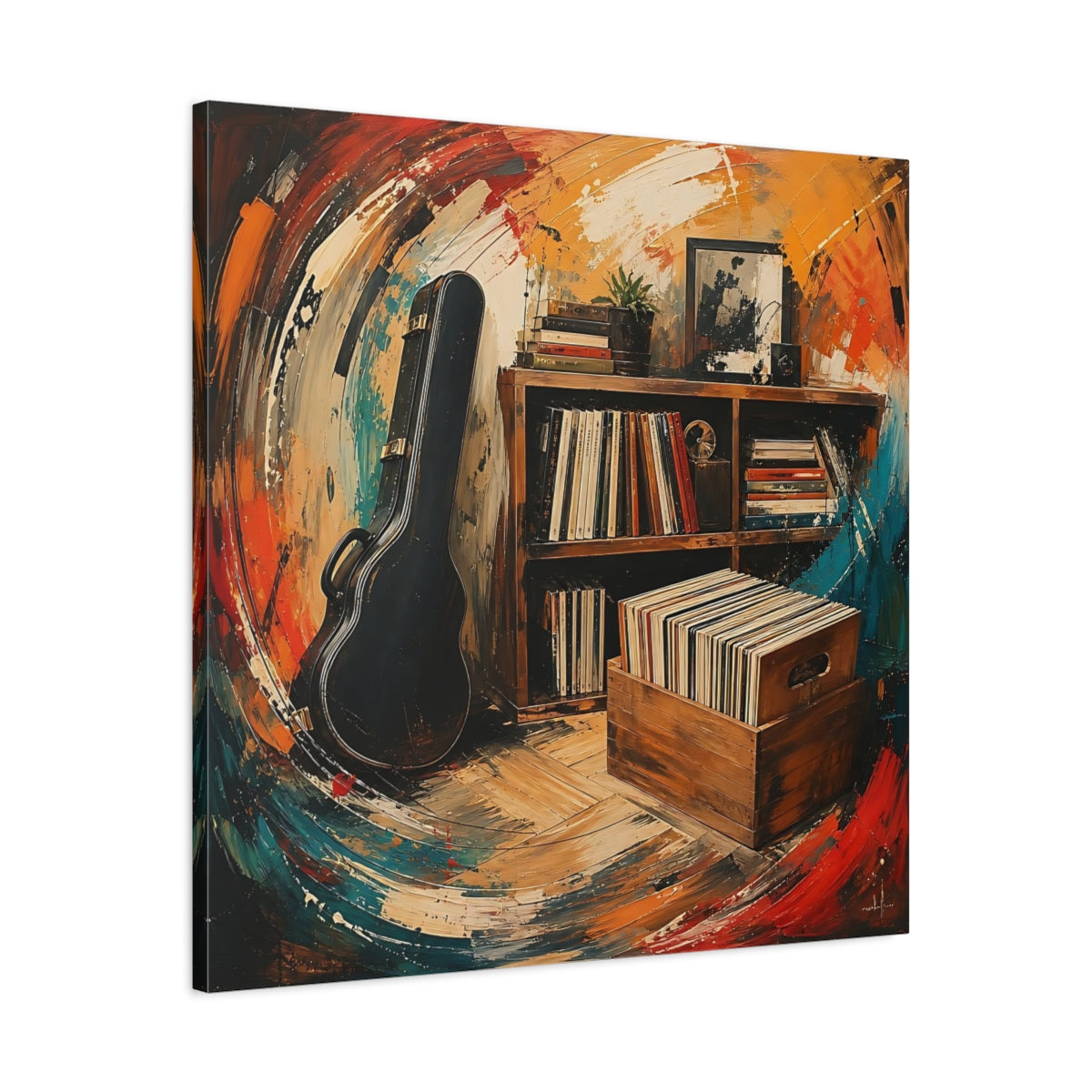 Side Mockup 3. Abstract Vinyl Records Vibrant Abstract shown as canvas print