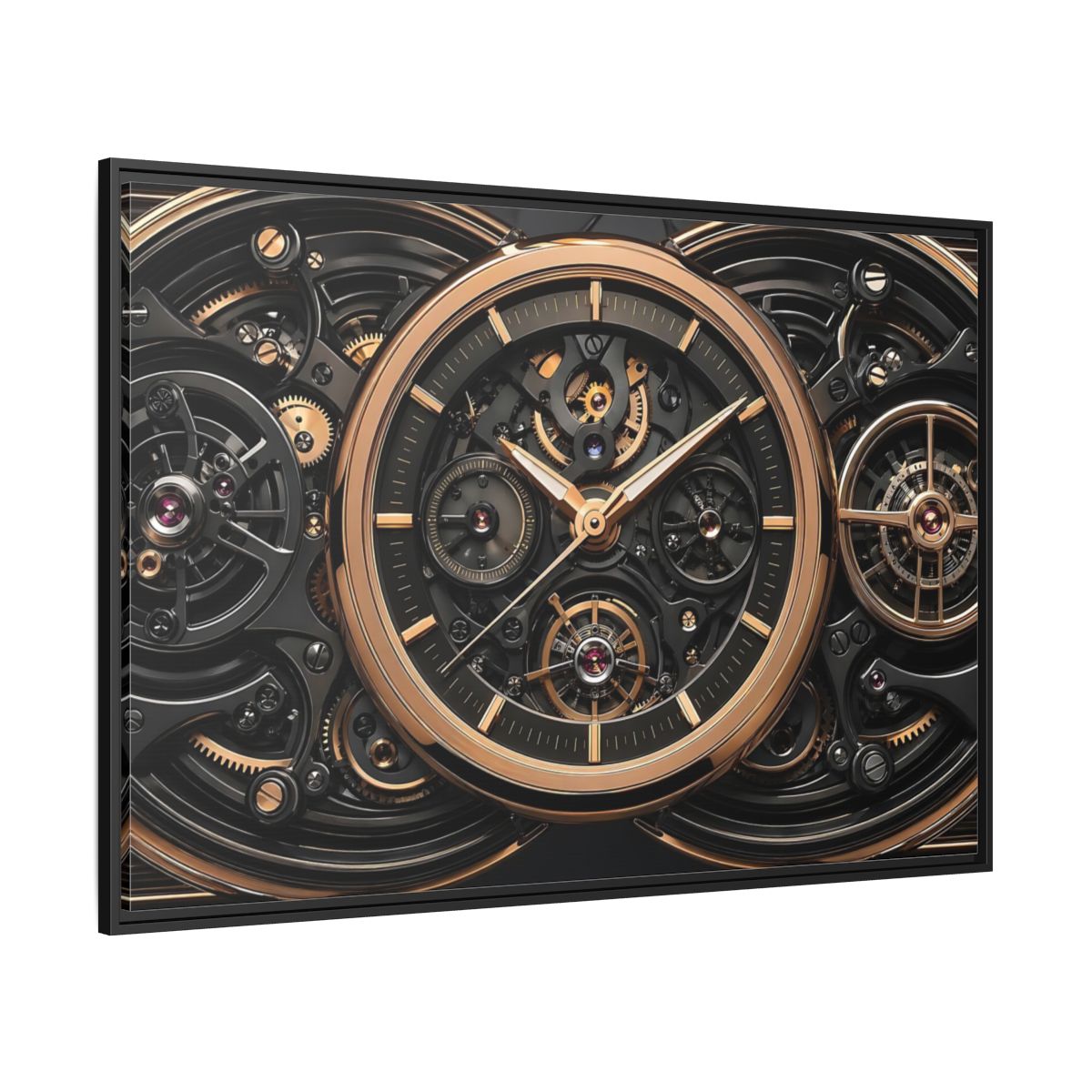 Side Mockup 12. Abstract Watch Mechanism Black And Gold Watch shown as stretched canvas wall art