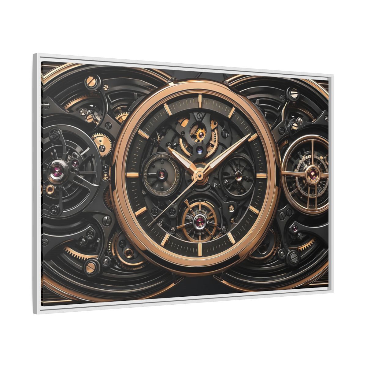 Side Mockup 7. Abstract Watch Mechanism Black And Gold Watch shown as stretched canvas wall art