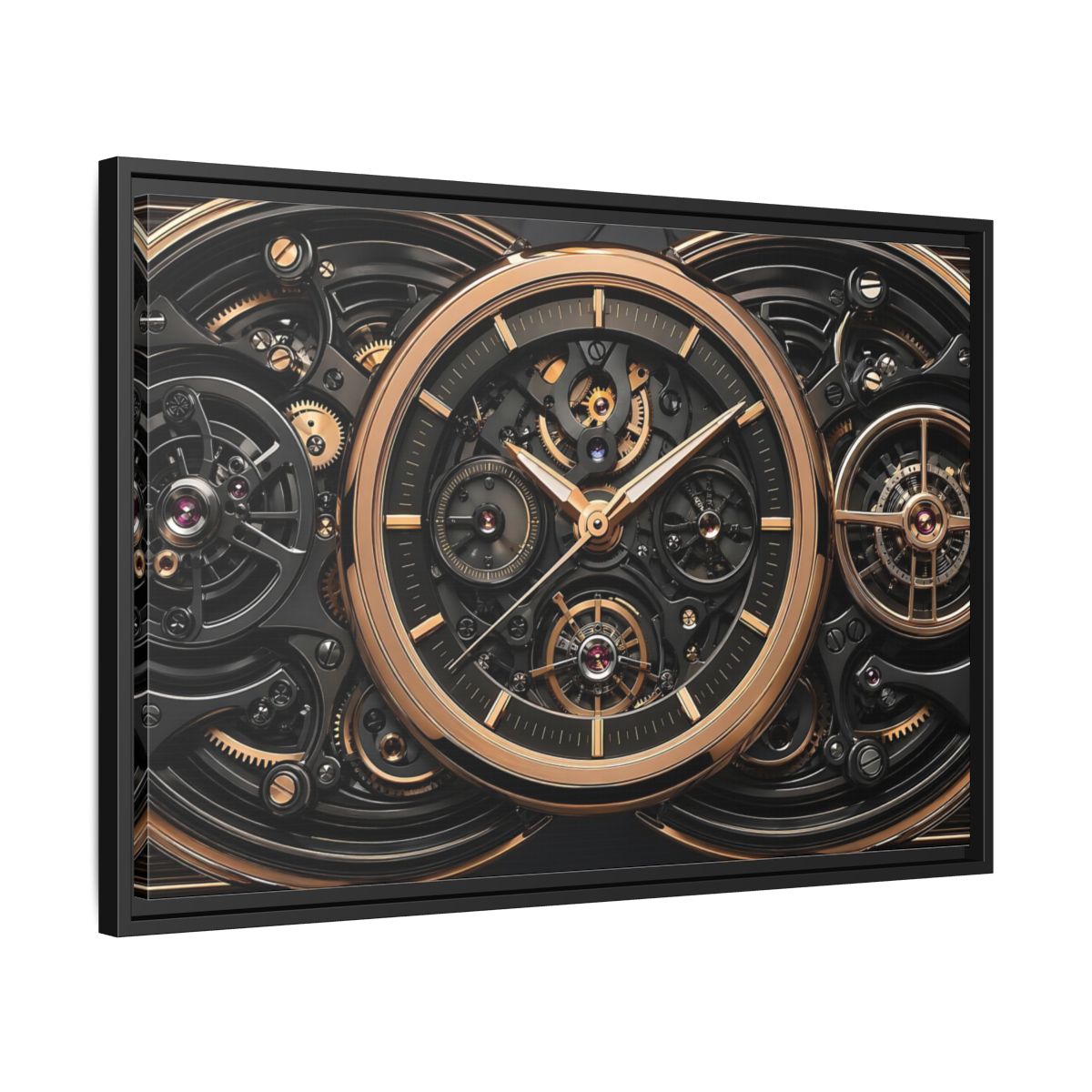 Side Mockup 14. Abstract Watch Mechanism Black And Gold Watch shown as stretched canvas wall art