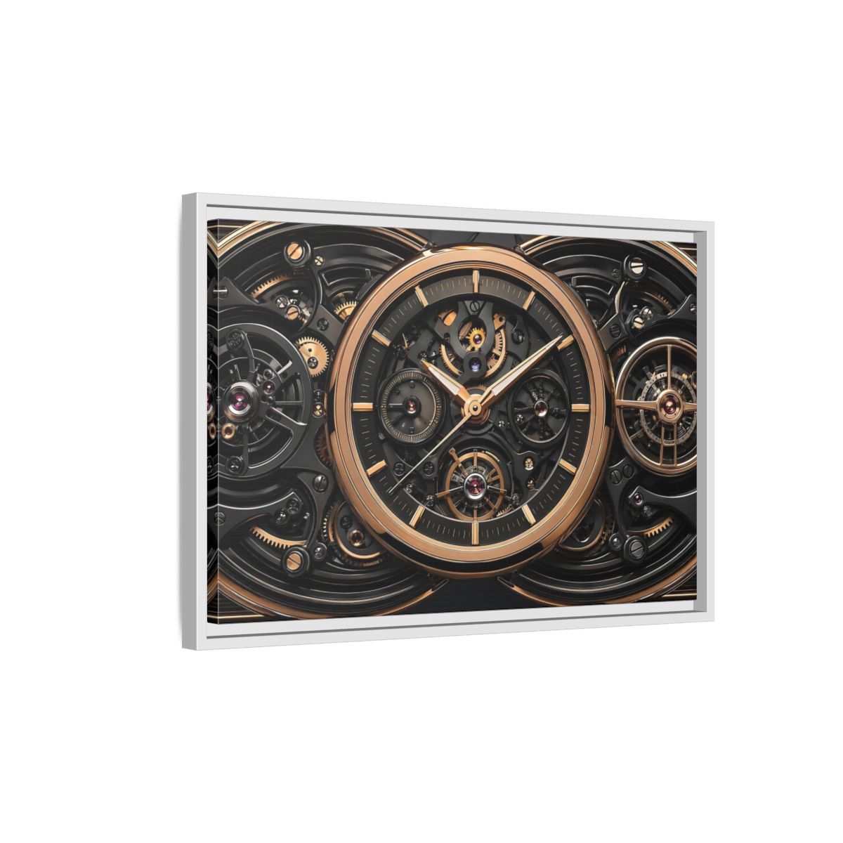 Side Mockup 1. Abstract Watch Mechanism Black And Gold Watch shown as stretched canvas wall art