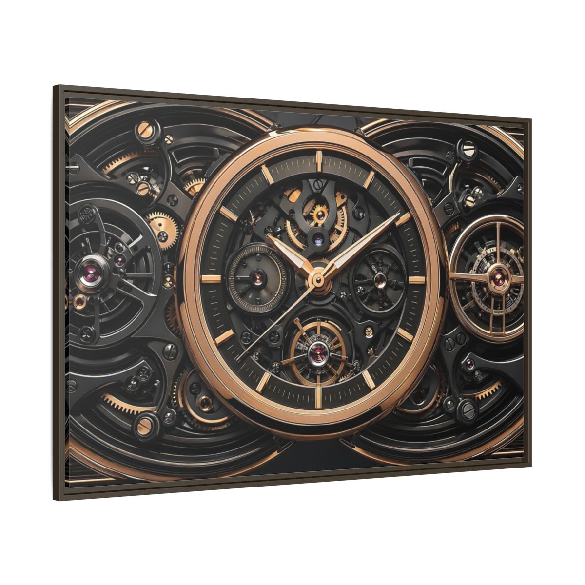 Side Mockup 8. Abstract Watch Mechanism Black And Gold Watch shown as stretched canvas wall art