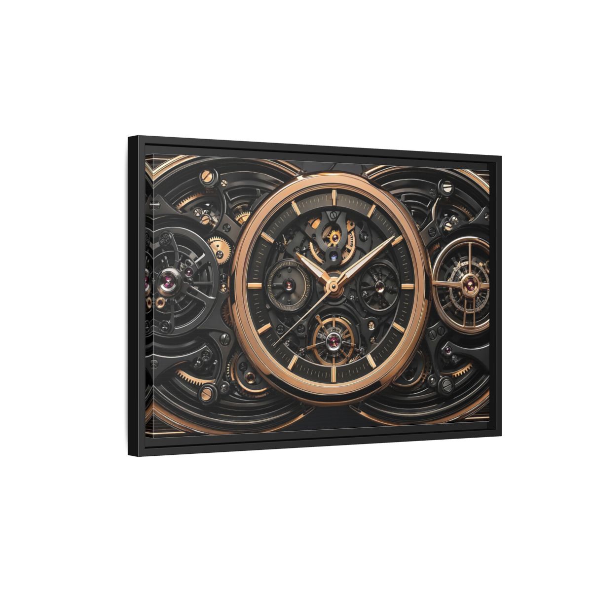 Side Mockup 3. Abstract Watch Mechanism Black And Gold Watch shown as stretched canvas wall art