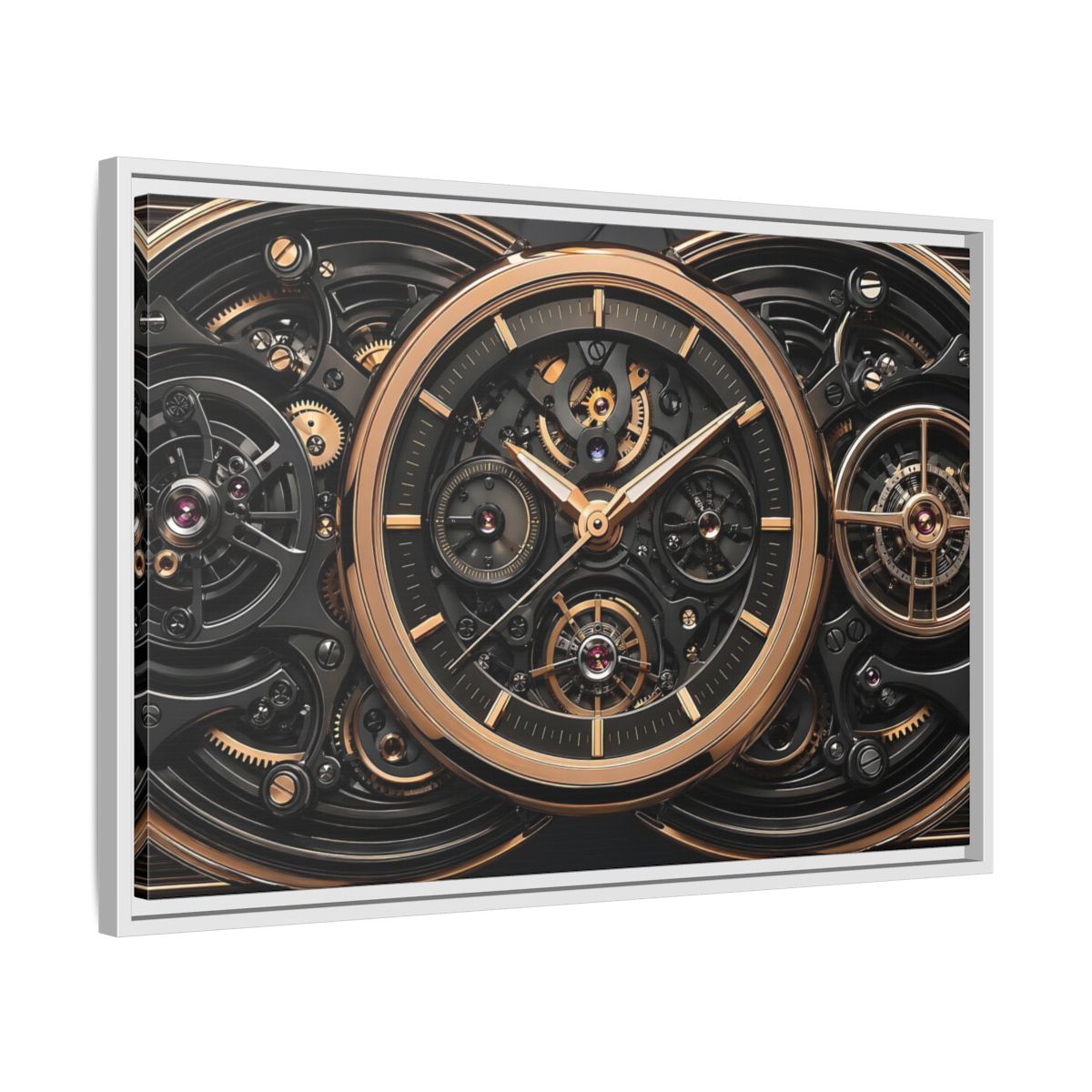 Side Mockup 10. Abstract Watch Mechanism Black And Gold Watch shown as stretched canvas wall art