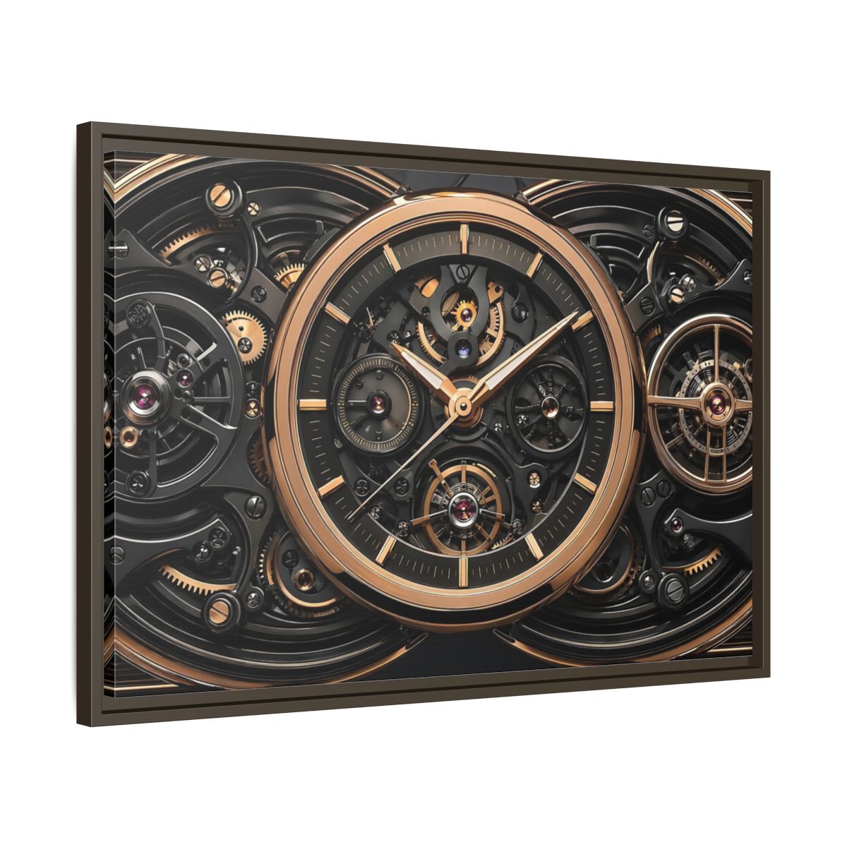 Side Mockup 11. Abstract Watch Mechanism Black And Gold Watch shown as stretched canvas wall art