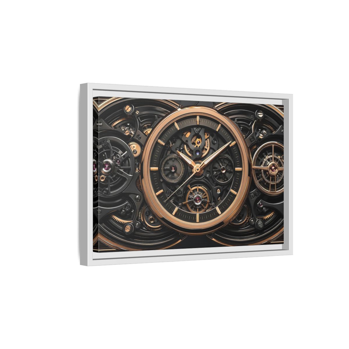 Side Mockup 4. Abstract Watch Mechanism Black And Gold Watch shown as stretched canvas wall art