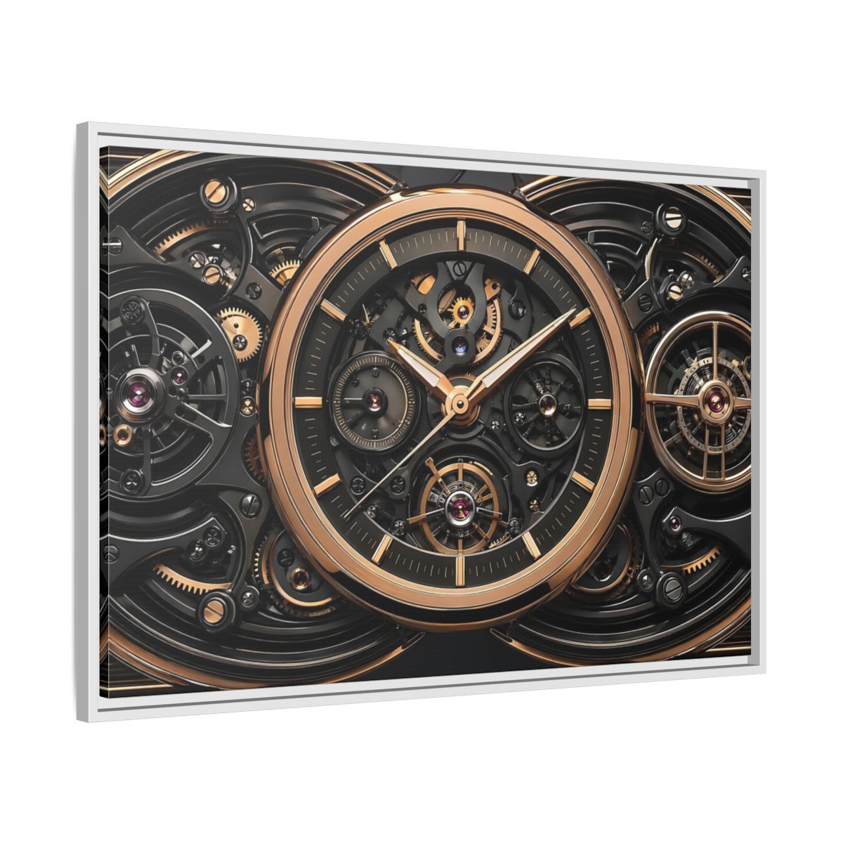 Side Mockup 9. Abstract Watch Mechanism Black And Gold Watch shown as stretched canvas wall art