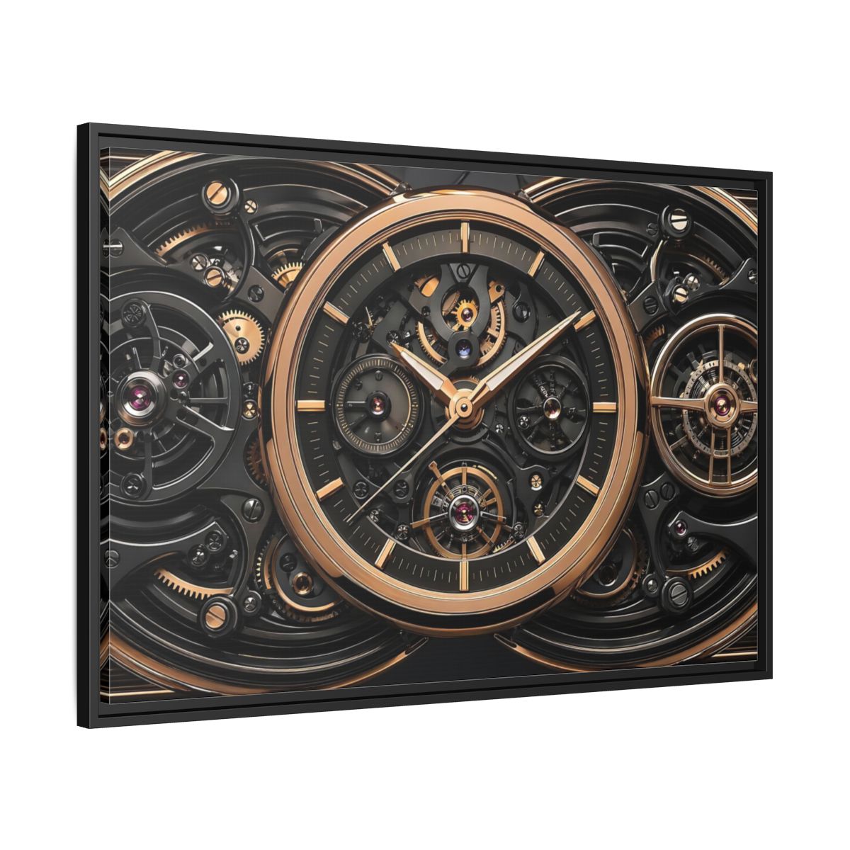 Side Mockup 13. Abstract Watch Mechanism Black And Gold Watch shown as stretched canvas wall art