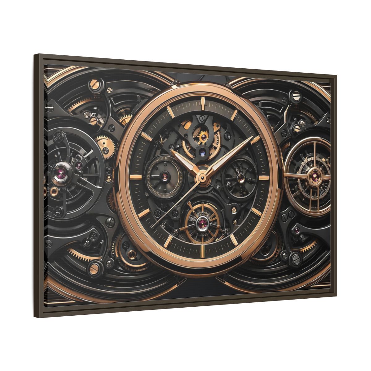 Main Mockup. Abstract Watch Mechanism Black And Gold Watch shown as stretched canvas wall art