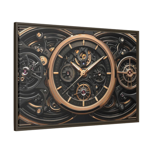 Main Mockup. Abstract Watch Mechanism Black And Gold Watch shown as stretched canvas wall art