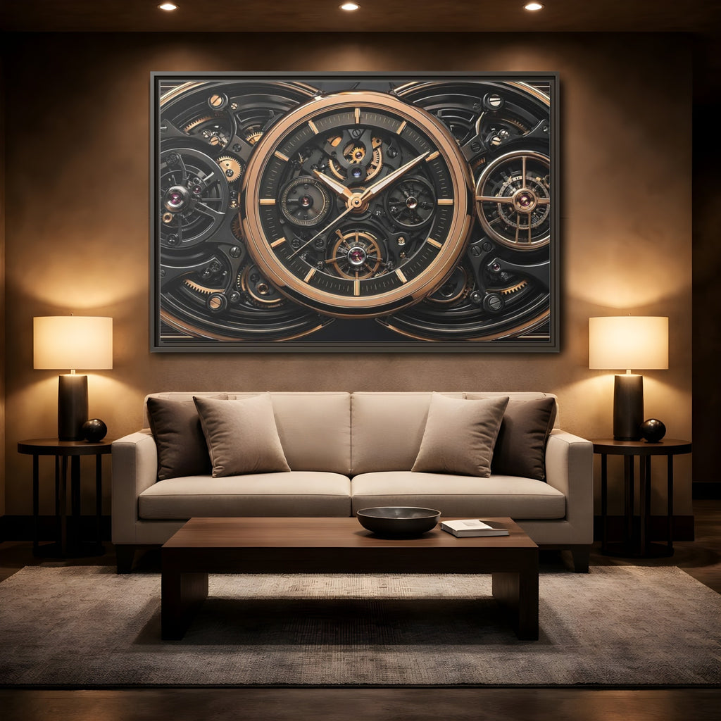 Mockup 2. Abstract Watch Mechanism Black And Gold Watch shown as stretched canvas wall art