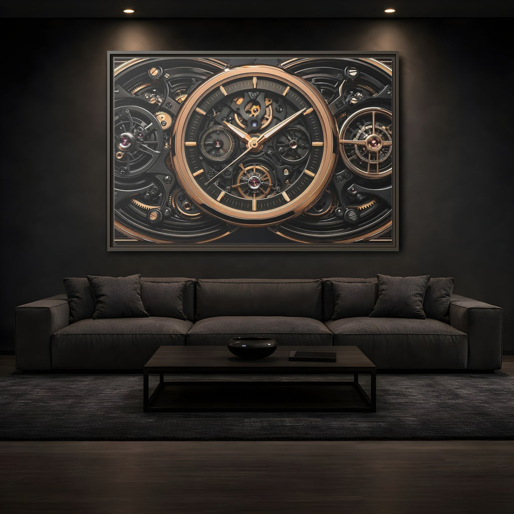 Mockup 3. Abstract Watch Mechanism Black And Gold Watch shown as stretched canvas wall art