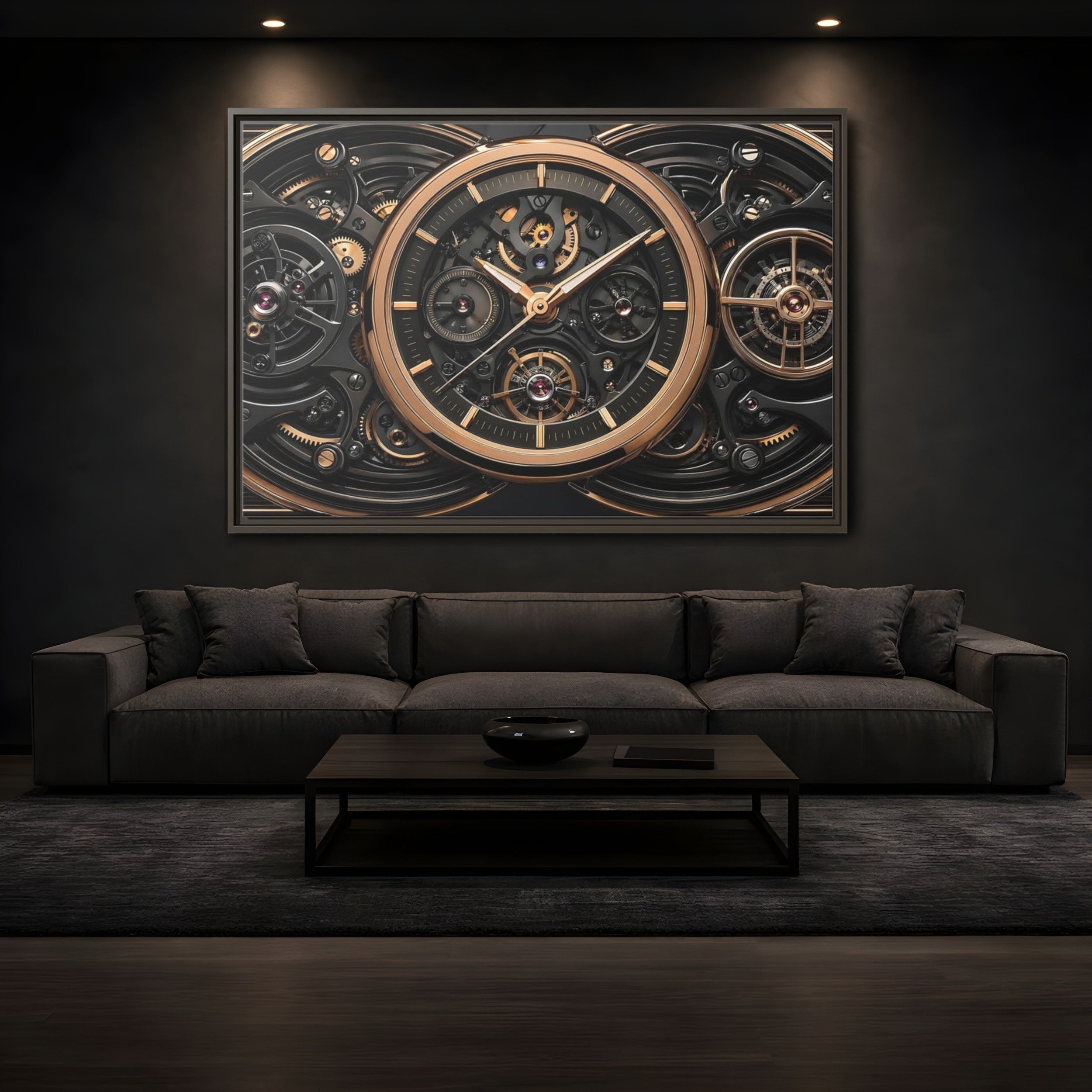 Mockup 3. Abstract Watch Mechanism Black And Gold Watch shown as stretched canvas wall art