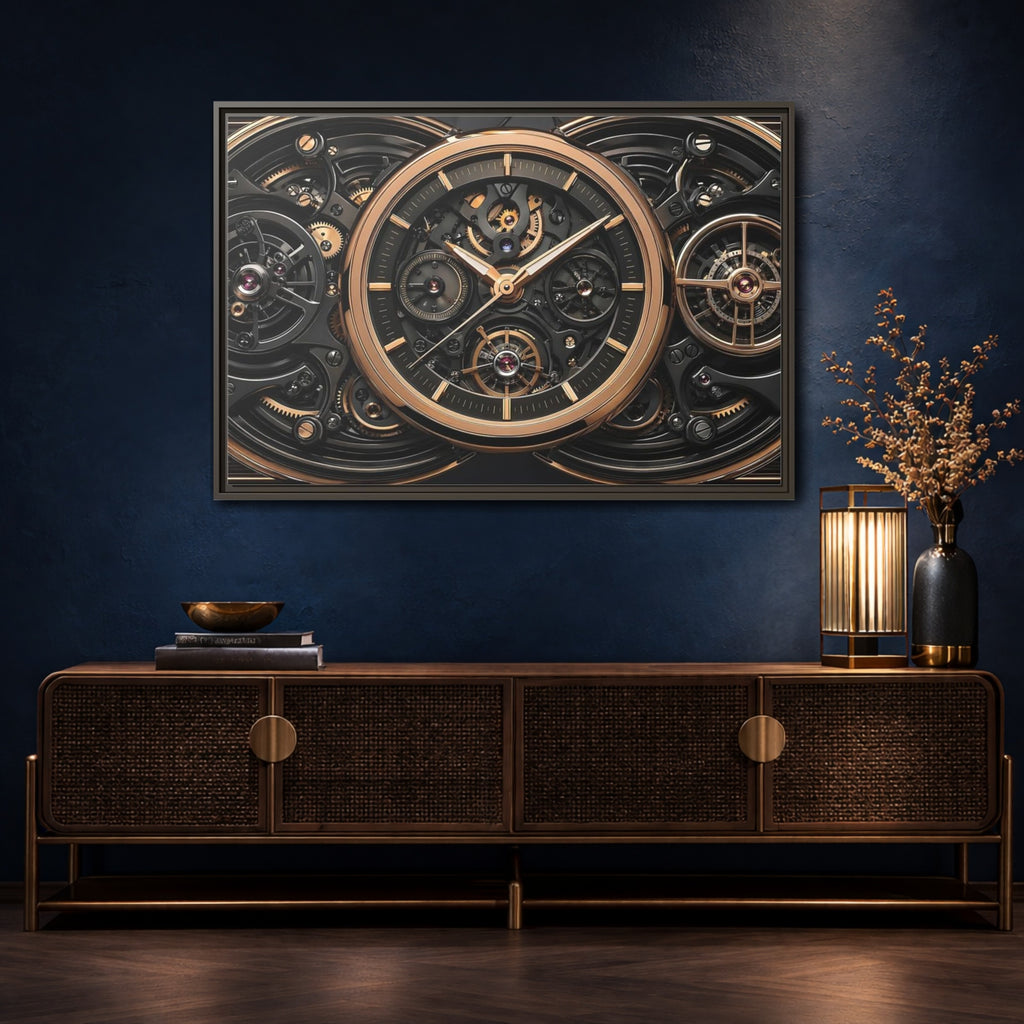 Mockup 4. Abstract Watch Mechanism Black And Gold Watch shown as stretched canvas wall art
