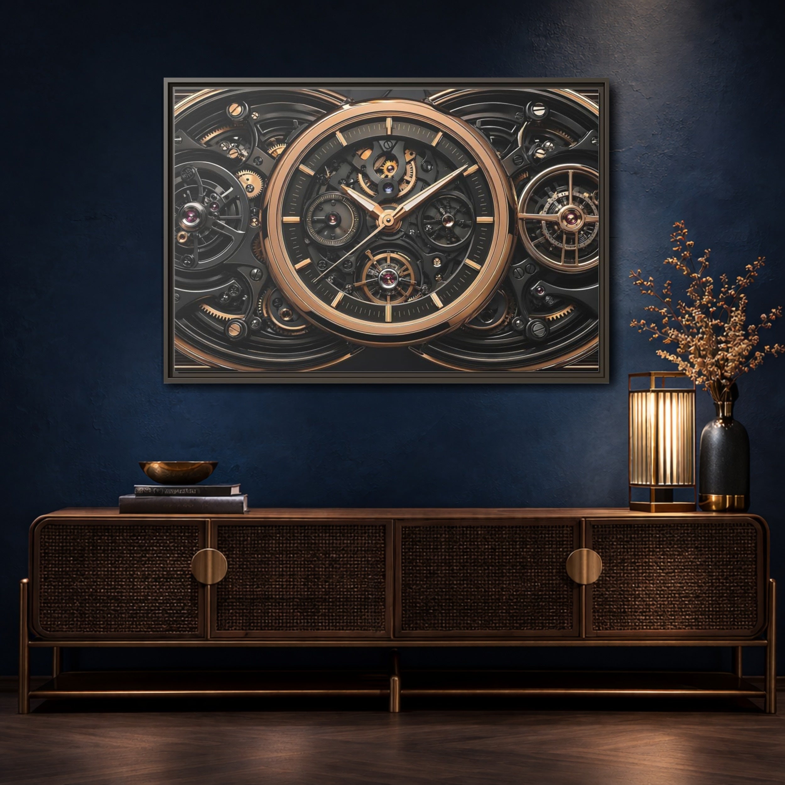 Mockup 4. Abstract Watch Mechanism Black And Gold Watch shown as stretched canvas wall art