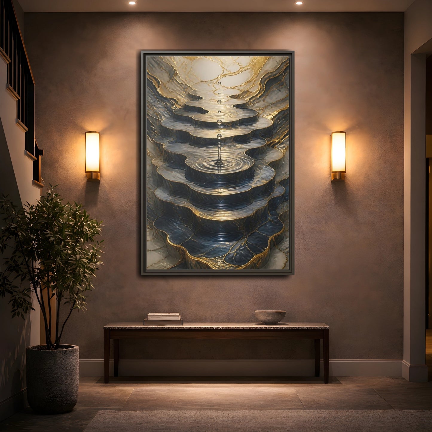 Abstract Water Cascade Gold Marble Framed Canvas Wall Art - Decor for Living Room, Above Sofa shown as canvas wall art