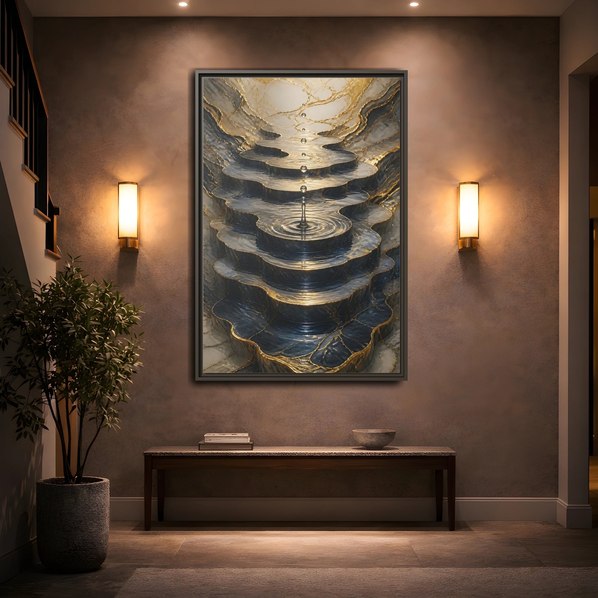 Abstract Water Cascade Gold Marble Framed Canvas Wall Art - Decor for Living Room, Above Sofa shown as canvas wall art