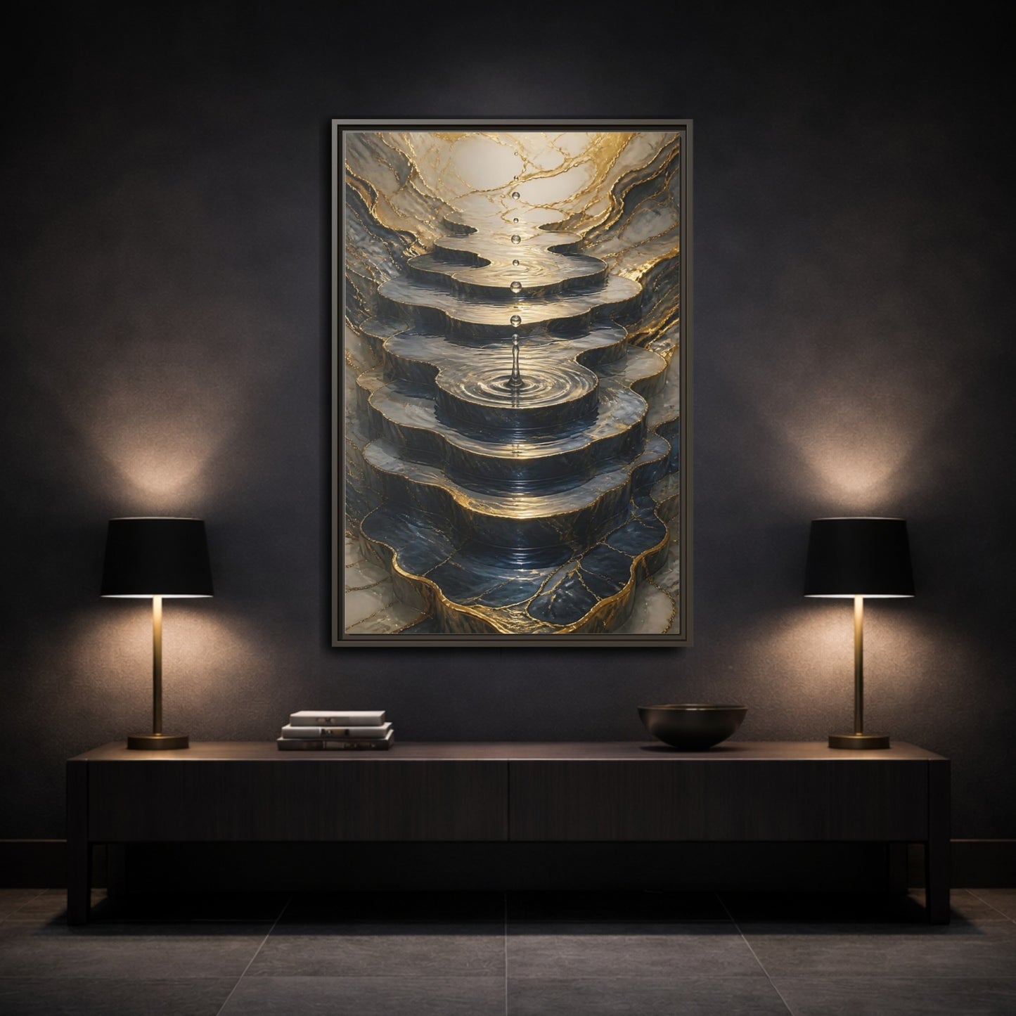Abstract Water Cascade Gold Marble Framed Canvas Wall Art - Decor for Living Room, Above Sofa shown as canvas wall art