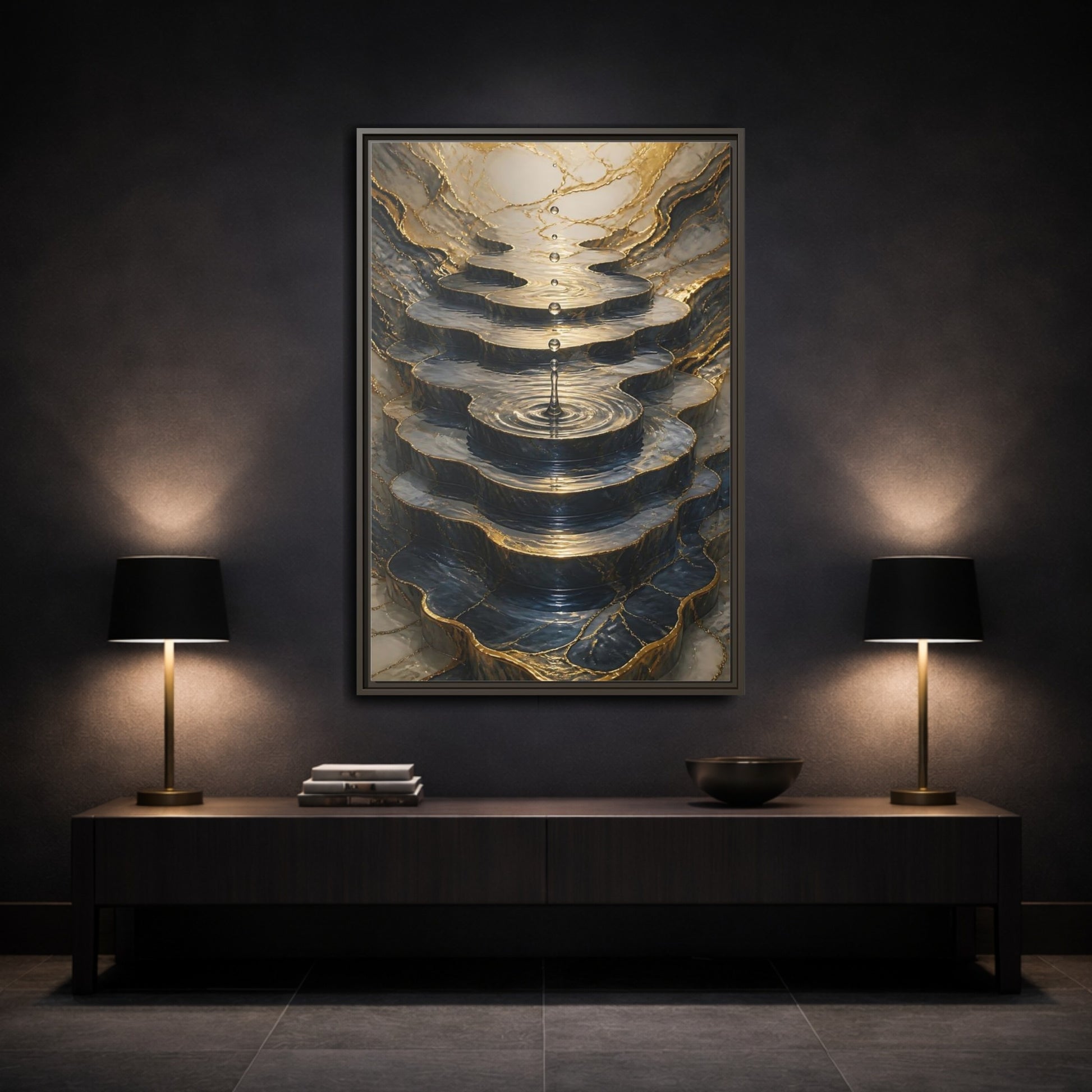 Abstract Water Cascade Gold Marble Framed Canvas Wall Art - Decor for Living Room, Above Sofa shown as canvas wall art