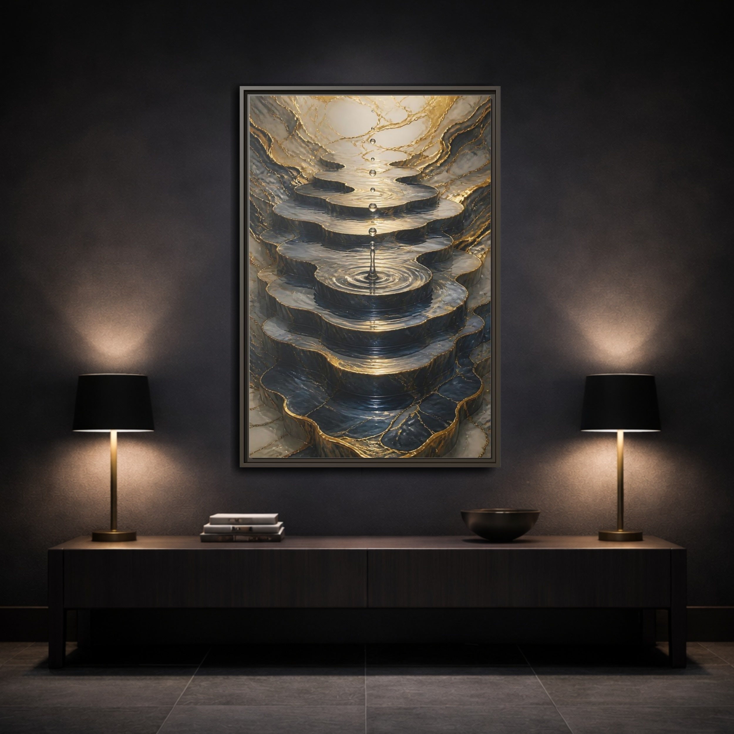 Mockup 3. Abstract Water Cascade Gold Marble Water shown as stretched canvas wall art