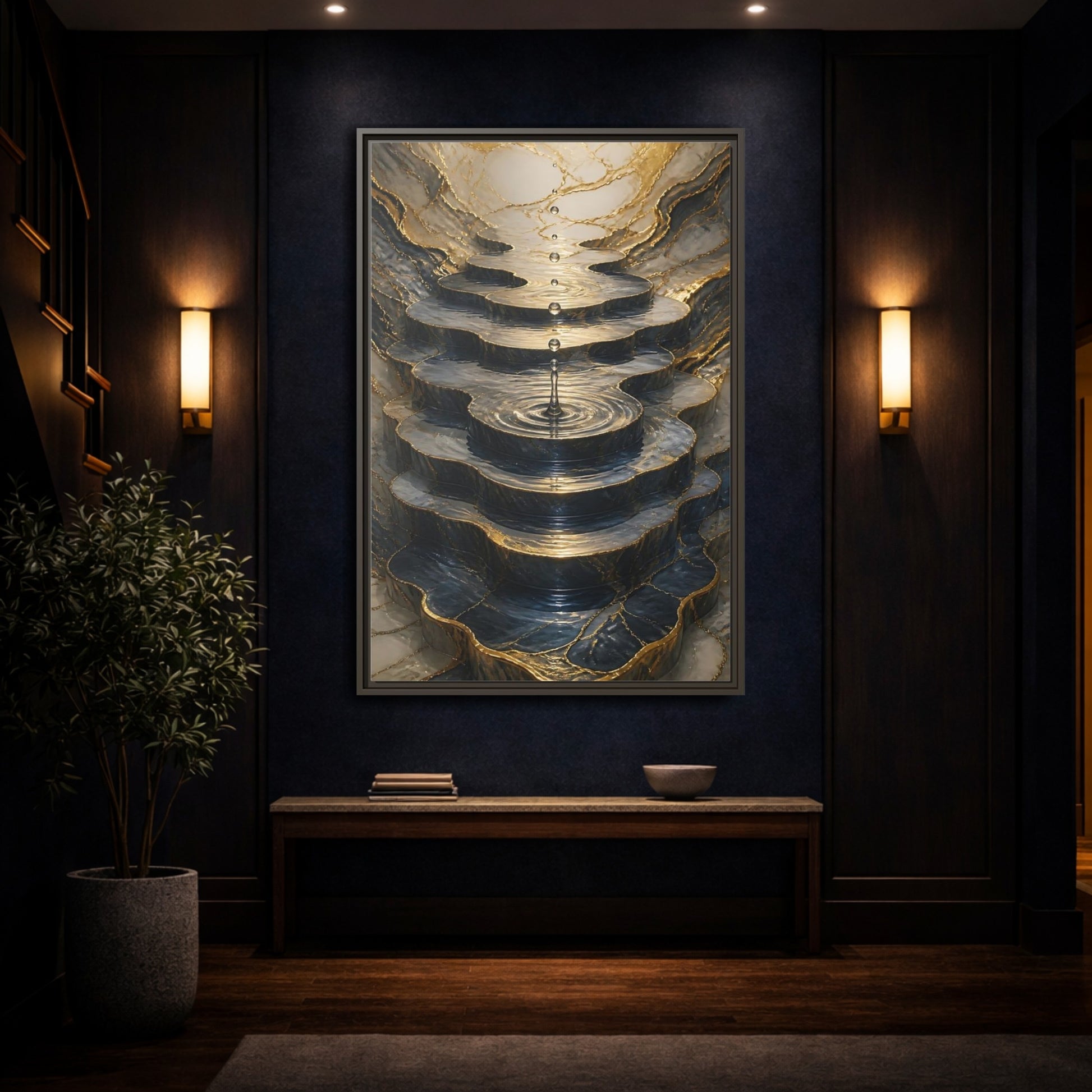 Abstract Water Cascade Gold Marble Framed Canvas Wall Art - Decor for Living Room, Above Sofa shown as canvas wall art