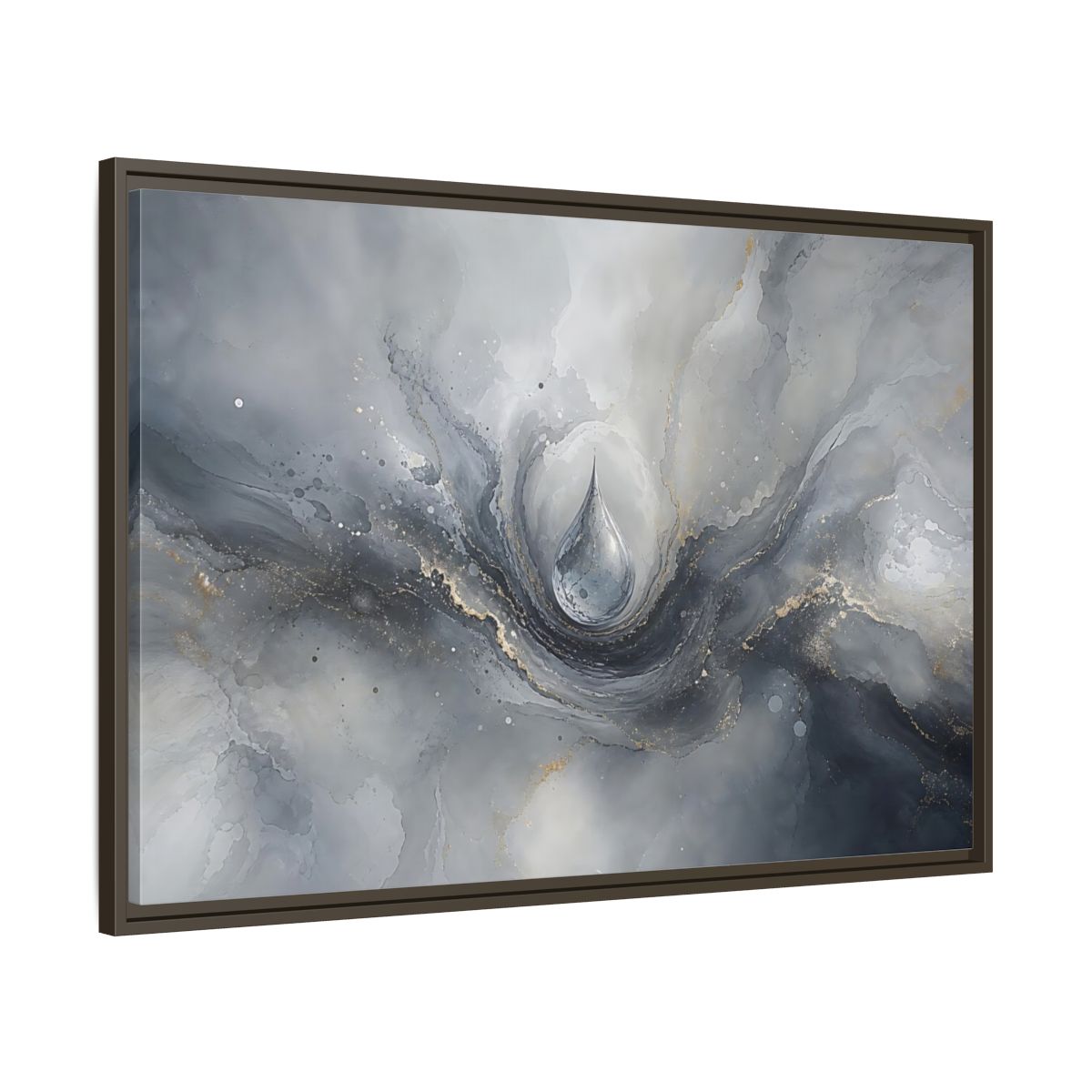 Main Mockup. Abstract Water Drop Gray And Gold shown as stretched canvas wall art