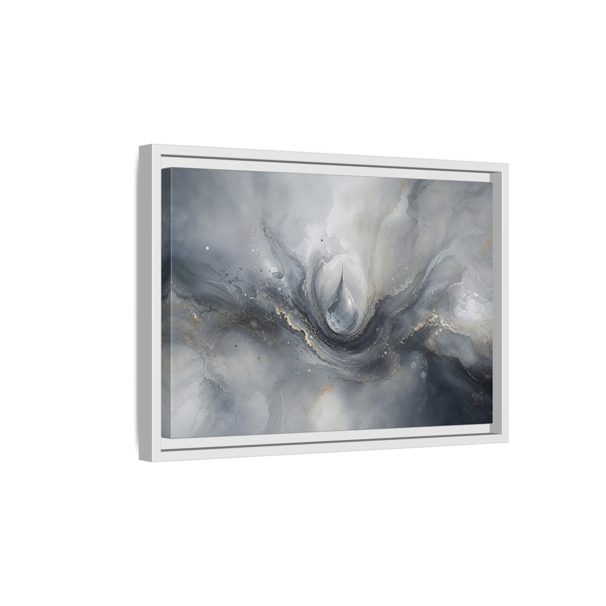 Side Mockup 4. Abstract Water Drop Gray And Gold shown as stretched canvas wall art