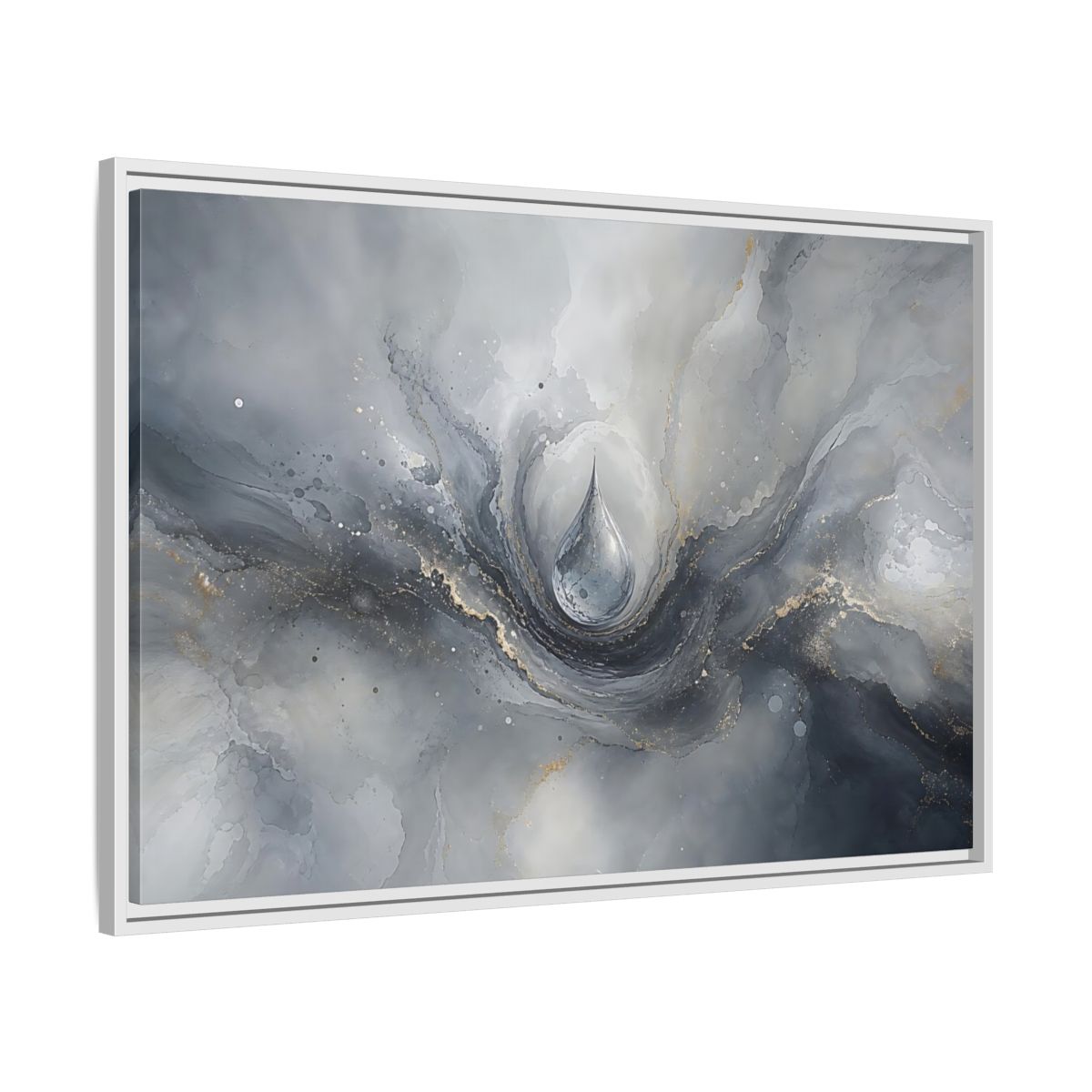 Side Mockup 9. Abstract Water Drop Gray And Gold shown as stretched canvas wall art